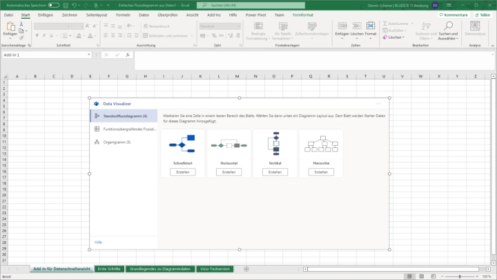 Microsoft Excel Software mit dem Dialogfenster „Data Visualizer“, welcher die drei Kategorien untereinander zeigt: Standardflussdiagramm, Funktionsübergreifendes Flussdiagramm und Organigramm - aus der Kategorie werden die Piktogramme Schnellstart, Horizontal, Vertikal und Hierarchie für Diagramm-Layouts angezeigt