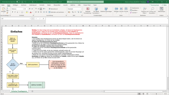 Microsoft Excel Software mit der Vorlage 'Einfaches Flussdiagramm' enthält erklärenden Text zu Flussdiagrammformen und der Verwendung von Flussdiagrammverbindern, sowie ein einfaches Ablaufdiagramm mit einer Abzweigung/Entscheidung