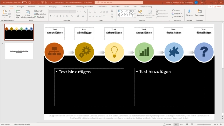 Microsoft PowerPoint Software mit dem mehrfarbiges Prozessablaufdiagramm, ein sechs Schritt umfassender Prozess wird mit bunten Kugeln und Symbol horizontal dargestellt, darunter sind zwei leere Textfelder für Aufzählungen