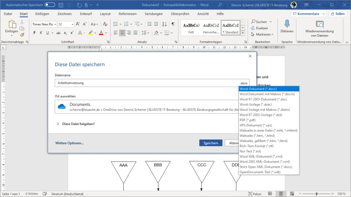 Microsoft Word Software Dialogfenster „Diese Datei speichern“ mit einer Auswahl von Dateitypen in einer Auswahlliste, mit Beispiel einer Arbeitsanweisung für das Qualitätsmanagement