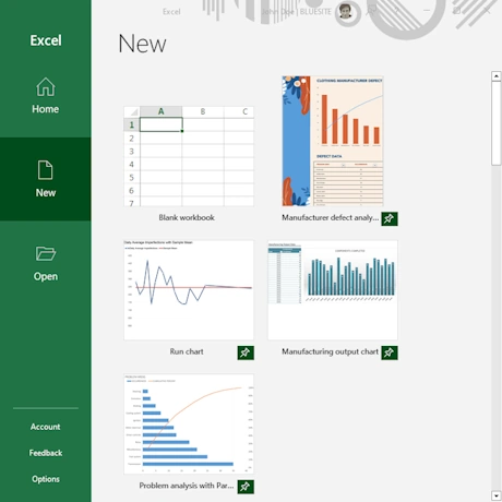 Microsoft Excel Desktop app File-New Dialog showing Templates for Qualitiy Control