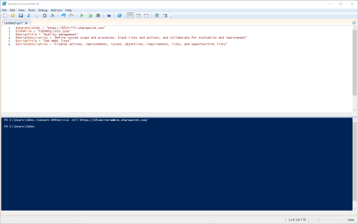 Variables for uploading a SharePoint site design template in PowerShell ISE