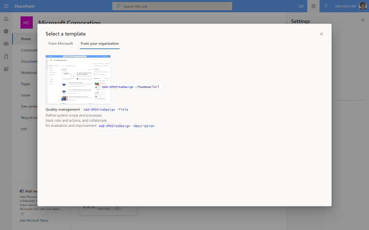 SharePoint template Add-SPOSiteDesign parameters match