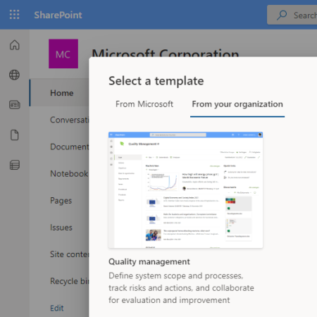 SharePoint Online site template in Microsoft 365