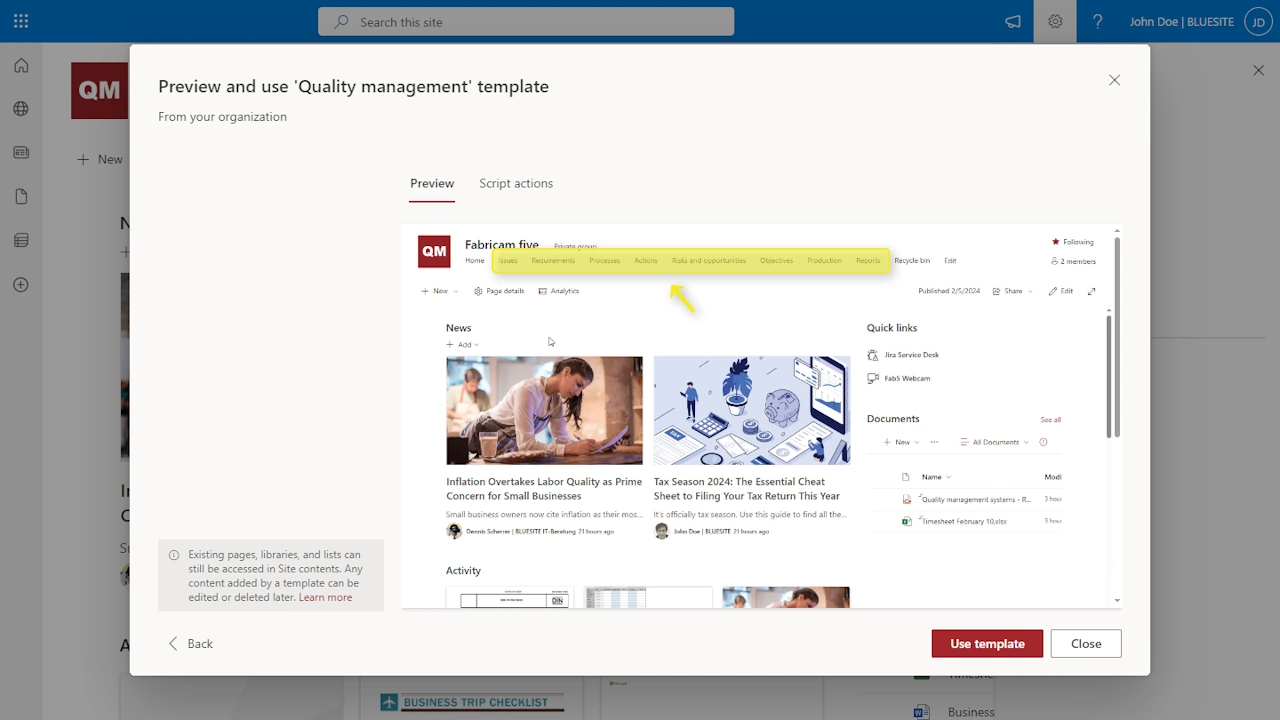 Microsoft SharePoint Online Service showing the dialog “Preview and use ´Quality management´ template” with a screenshot of a SharePoint Quality management team site already applied the QM template