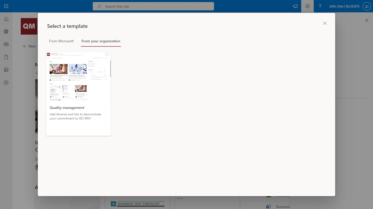 Microsoft SharePoint Online Service showing the dialog “Select a template”, highlighted “From your organization”, and a thumbnail of another SharePoint Online Service to demonstrate how it looks after applying the “Quality management” template