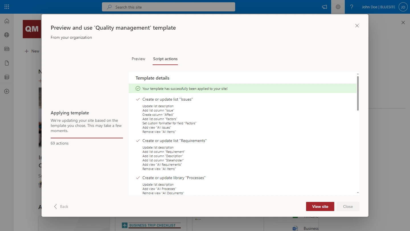 Dialog “Preview and use ´Quality management´ template”, highlighted “Script actions” shows “You template has successfully been applied to your site!” under Template details after the SharePoint QMS Template was used