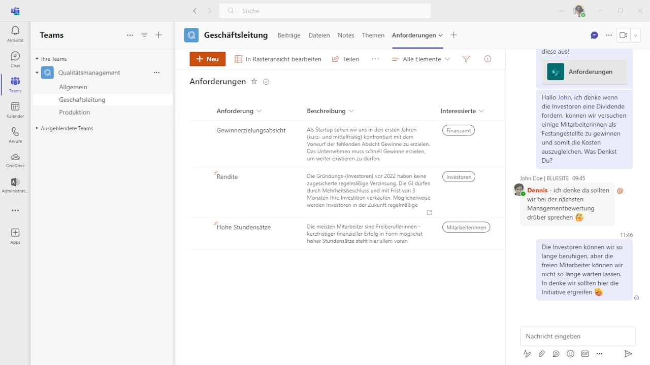 Abbildung zeigt einen Chatverlauf rechts am Rand zu einer SharePoint-Liste mit drei beispielhaften Erwartungen dreier interessierter Parteien zum Qualitätsmanagementsystem im Kanal der Geschäftsleitung in Microsofts Teams-Software