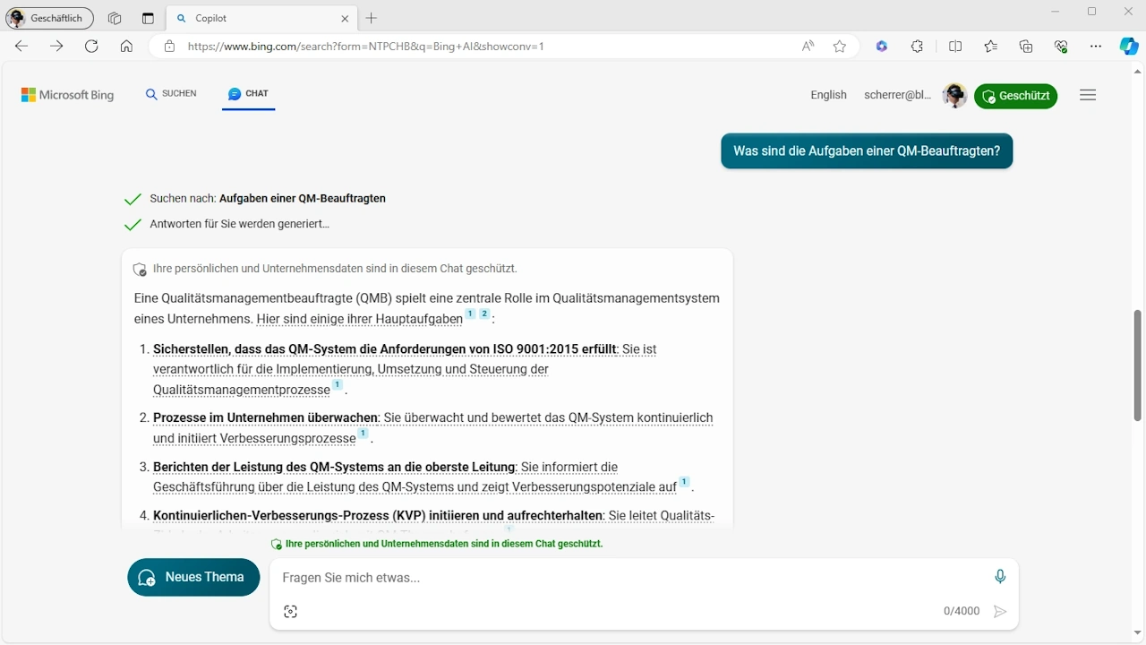 Copilot am 18.1.2024 beim Erstellen einer Liste der Aufgaben QM-Beauftragter mit der Frage „Was sind die Aufgaben einer QM-Beauftragten?“