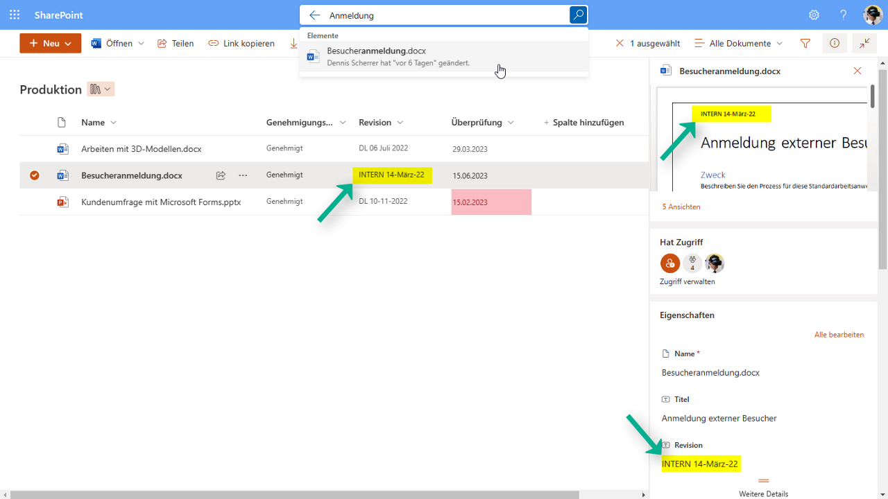 Revisions-Kennung eines QM-Dokuments in einer SharePoint Bibliothek mit Vorschau der Kopfzeile des Word-Dokument und den Dokumenteneigenschaften