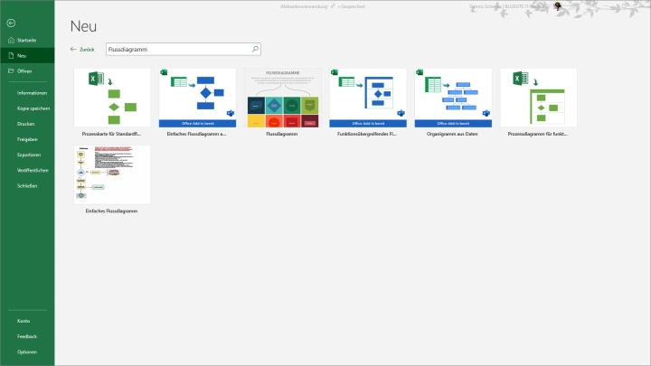 Microsofts Excel Software zeigt im Dialog Neu, alle Vorlagen zum Suchbegriff Flussdiagramm: Prozesskarte für Standardflussdiagramm, Einfaches Flussdiagramm aus Daten, Flussdiagramm, Funktionsübergreifendes Flussdiagramm aus Daten, Organigramm aus Daten, Prozessdiagramm für funktionsübergreifendes Flussdiagramm aus Daten und Einfaches Flussdiagramm