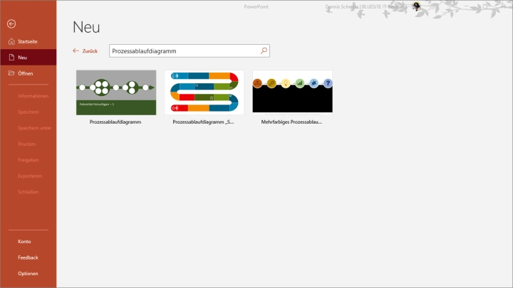 Microsoft PowerPoint Präsentationssoftware zeigt im Dialog Neu, die Vorlagen zum Suchbegriff 'Prozessablaufdiagramm': Piktogramme mit den Vorlagen 'Prozessablaufdiagramm', Prozessablaufdiagramm 'Spielbrett' und Mehrfarbiges Prozessablaufdiagramm