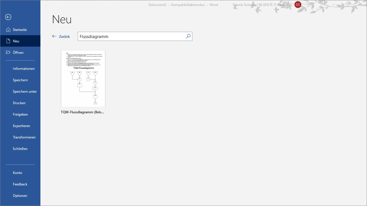 Microsoft Word Software zeigt im Dialog Neu, die Vorlagen zum Suchbegriff Flussdiagramm: ein Piktogramm mit der Vorlage TQM-Flussdiagramm (Beispiel)