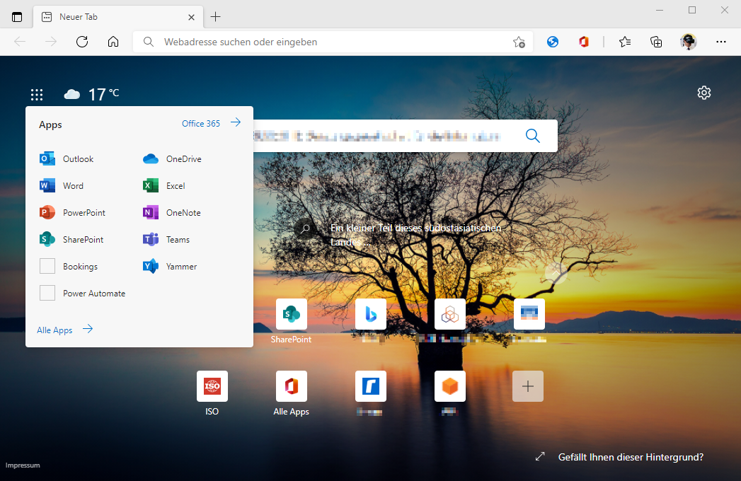 Edge Web-Browser mit Bing-Startseite und Microsoft Office App-Startfeld