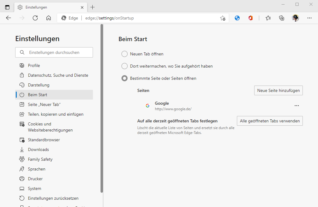 Google als Startseite im Microsoft Edge Browser einstellen