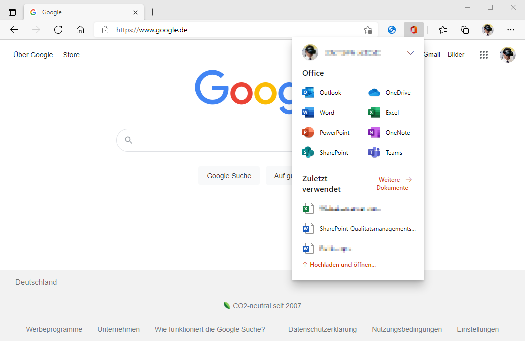 Office-Browsererweiterung im Microsoft Edge Browser mit Google-Startseite