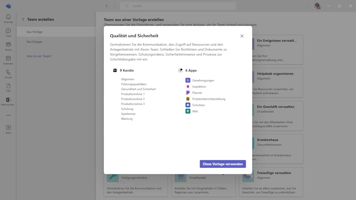 Bildschirmfoto der Microsoft Teams Software zeigt das Dialogfenster zum Erstellen eines Teams mit der Teamvorlage ‚Qualität und Sicherheit‘ – darauf sind die Kanäle und Apps zu sehen, die durch die Vorlage erstellt würden