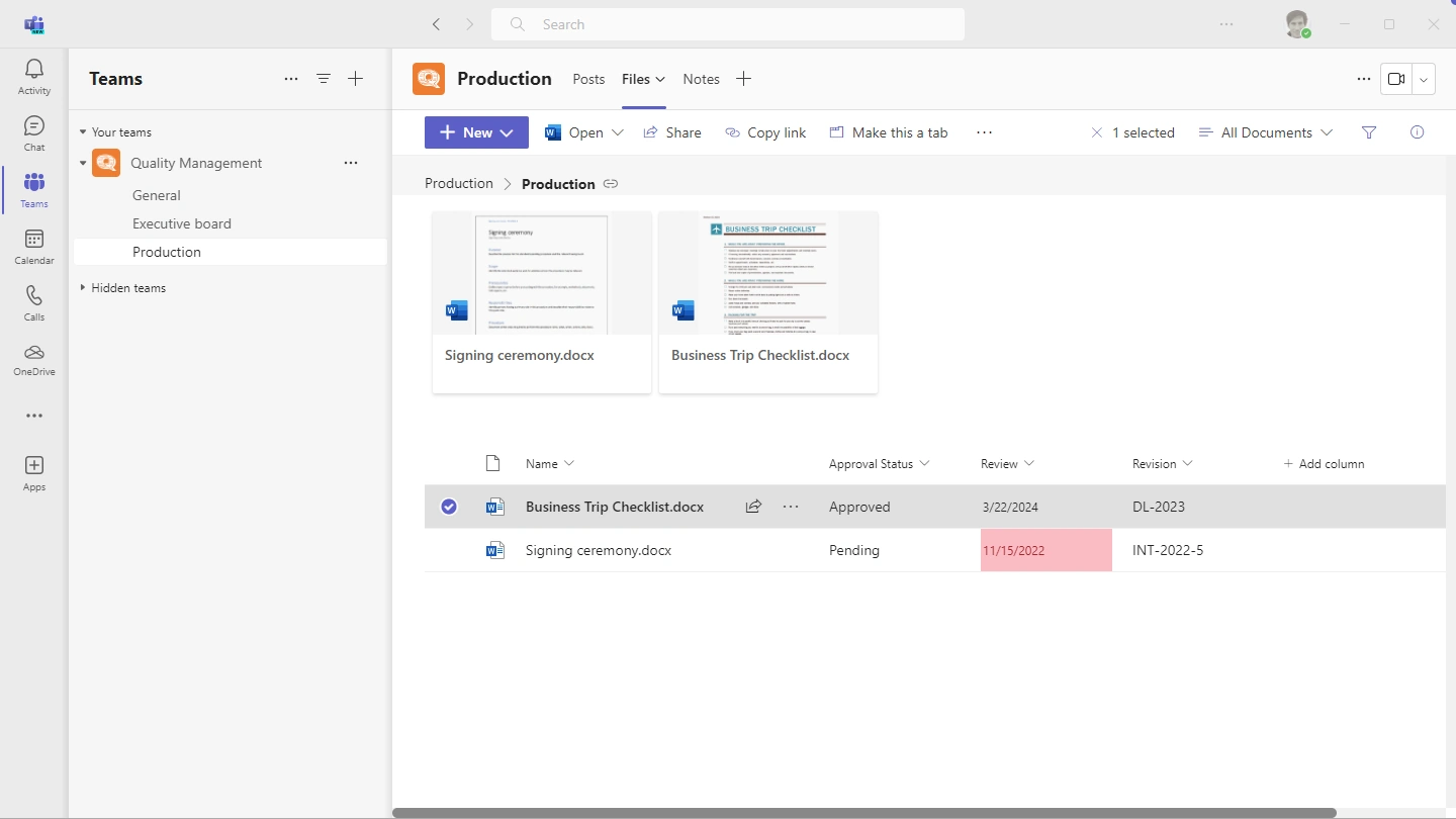Screenshot of the Microsoft Teams software shows in the left third that the channel Production is selected and on the right side the tab 'Files' with selected document samples ‘Signing ceremony’ and ‘Business Trip Checklist’, each with the preview of the document.