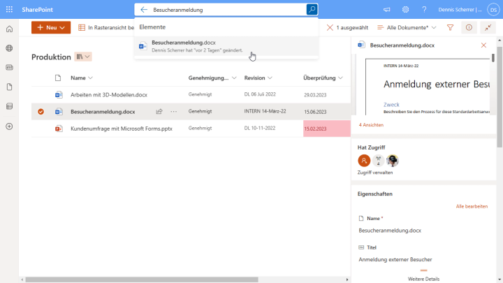 SharePoint Bibliothek mit Genehmigungsstatus, Revisionsnummern und Überprüfungsdatum für QM-Dokumente