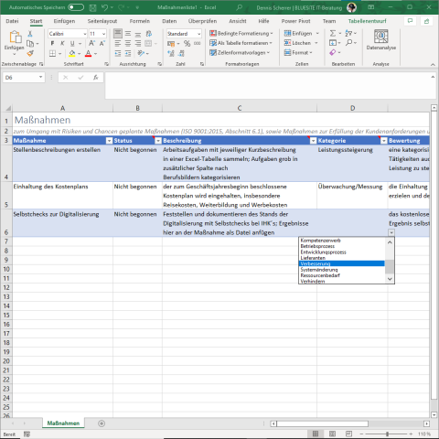 Excel-Vorlage Maßnahmenliste mit Beispielen und erklärenden Notizen