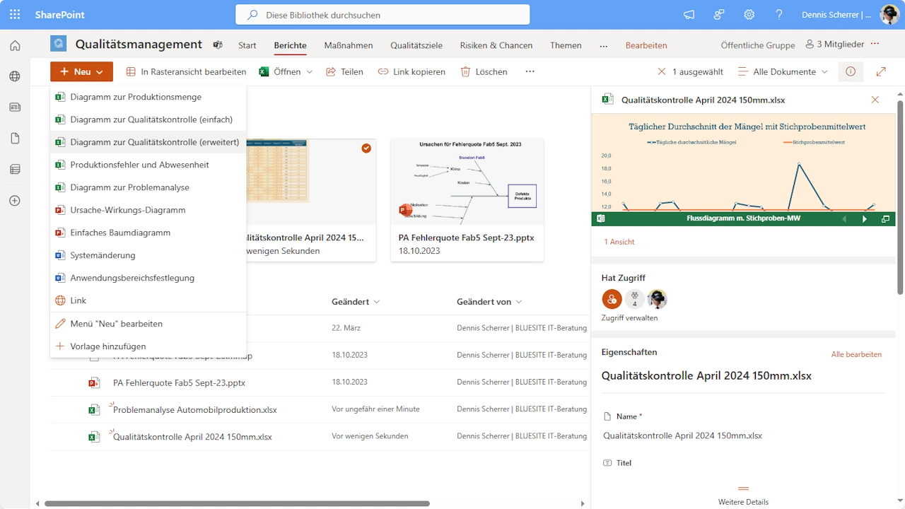 Bildschirmfoto einer SharePoint Teamwebsite für Qualitätsmanagement zeigt eine Bibliothek mit Excel-Vorlagen für Diagramme zur Qualitätskontrolle, Problemanalyse und Beispielen wie das Ursache-Wirkungs-Diagramm