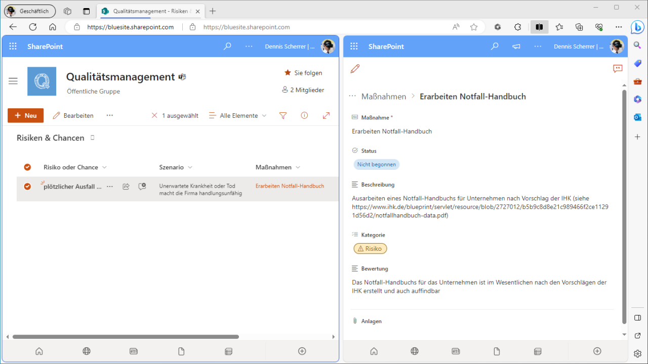 Geteilter Bildschirm im Microsoft Edge Browser enthält links die SharePoint-Liste der Risiken & Chancen, rechts eine mit einem Risiko verbundene Maßnahme