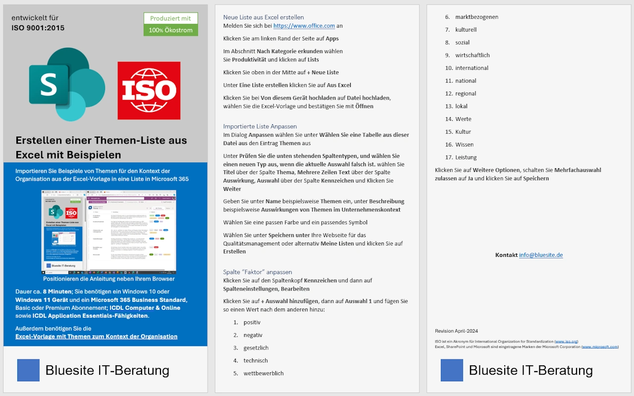 Dokument in drei Spalten - erste Spalte das Deckblatt, rechts davon die zwei Seiten der Bildschirmanleitung zum Import der Beispiele in Microsoft Lists