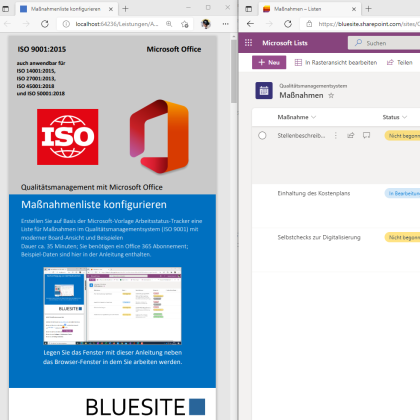 Anleitung 'Maßnahmenliste konfigurieren' (links im Bild) neben Microsoft Lists