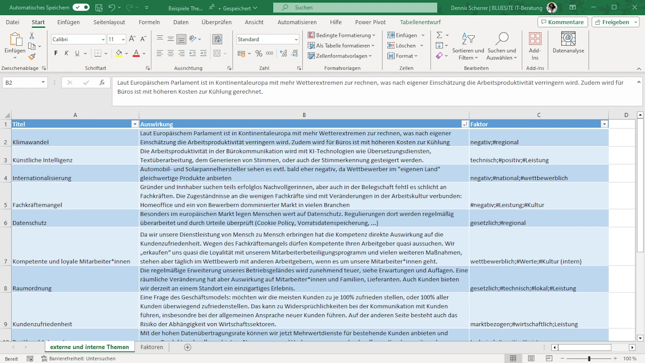 Bildschirmfoto der Microsoft Excel-Software zeigt eine Tabelle mit Spalten für den Titel des Themas, mit einer Text-Beschreibung der Auswirkungen und mit Faktoren für Beispiele im Jahr 2024 aktueller Themen des Kontext der Organisation deutscher Unternehmen in den Zeilen darunter