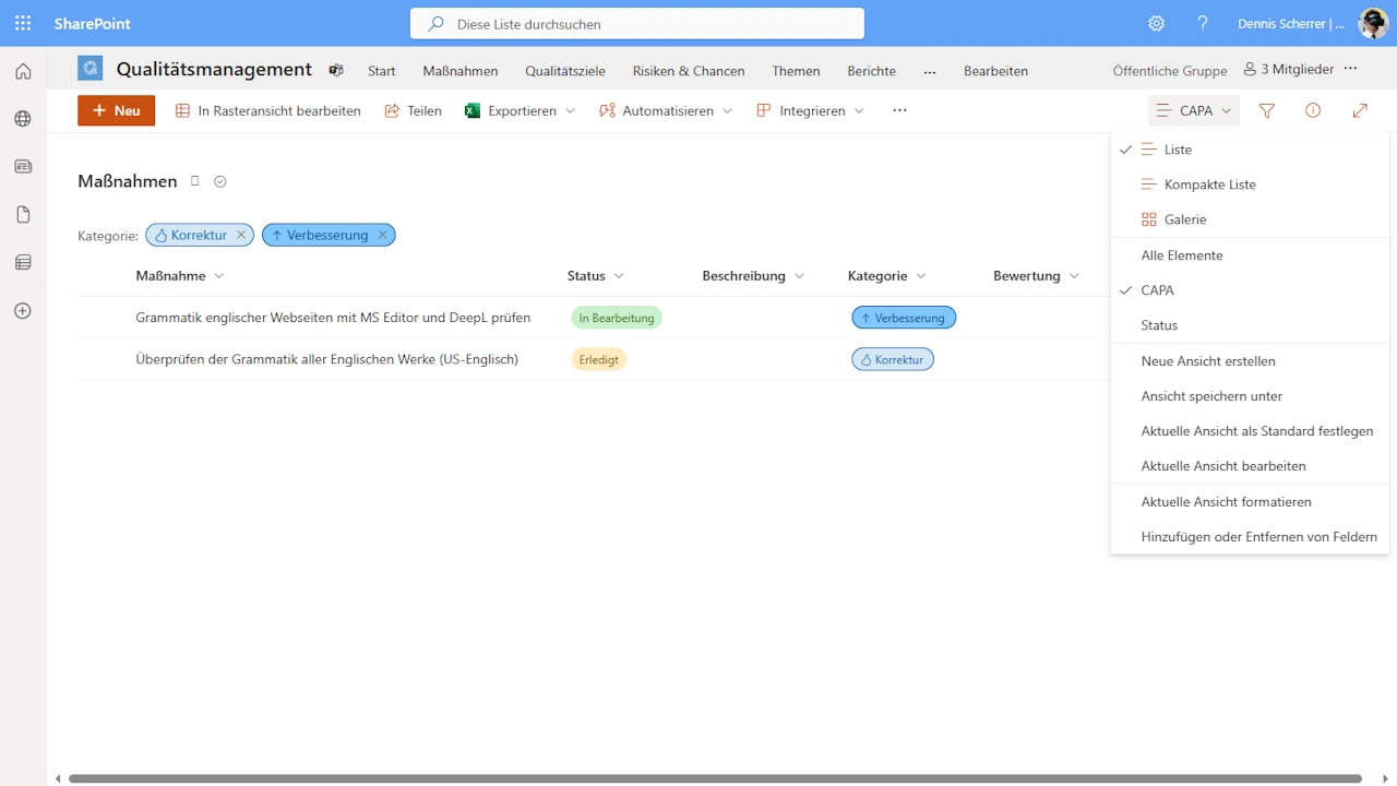 Bildschirmfoto des SharePoint Online-Dienst von Microsoft im Web-Browser mit einer Liste von Maßnahmen für Qualitätsmanagement, gefiltert nach den Kategorien Verbesserung und Korrektur