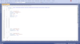 Screenshot of Microsoft Visual Studio 2022 showing JSON file with a SharePoint design script