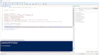 Screenshot of Microsoft PowerShell ISE Editor showing commands and messages to upload a SharePoint template