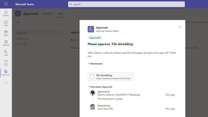 Screenshot of approval request detail in Microsofts Teams App ‘Approvals’ showing a simple sign-off of a document by one person requested by another