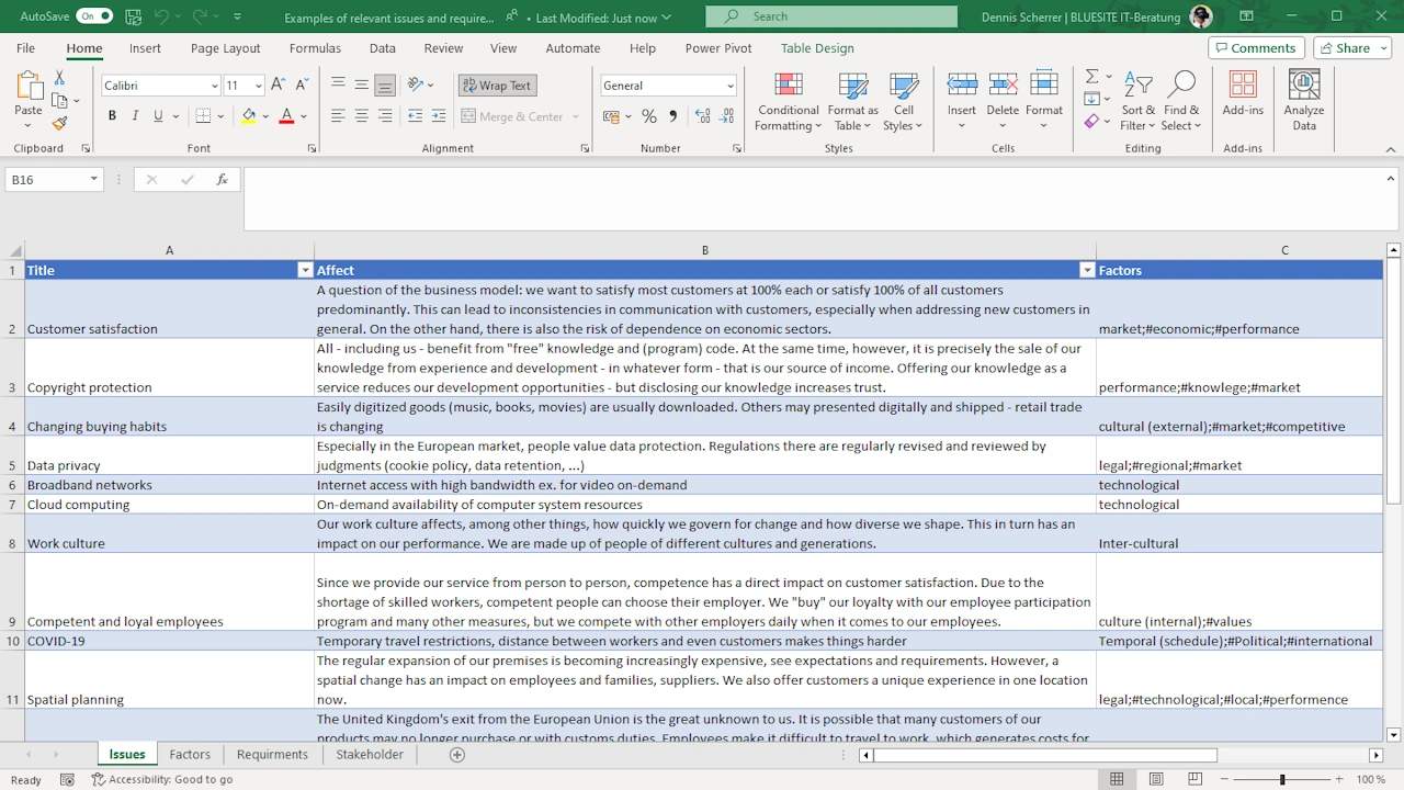 Microsoft Excel showing a table of relevant external and internal issues for the context of the organization – first column a name, second column how the issue affects the organization, and third column the kind of factor, wherever it is technically, local or whatever