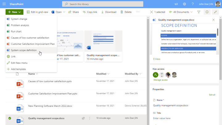 Document template for ISO 9001 Quality management system scope in a SharePoint Document library