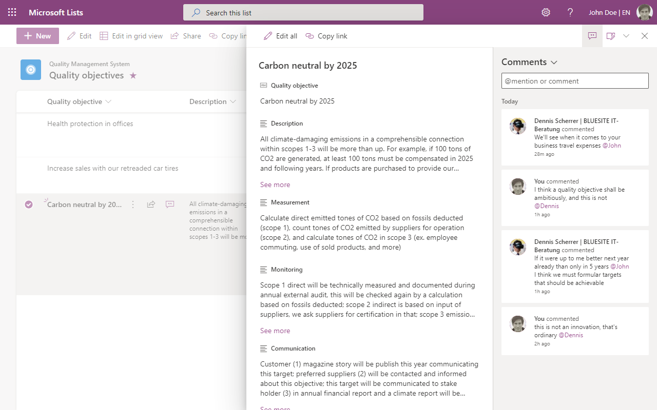 Sceenshot of quality objective example 'Carbon neutral by 2025' in Microsoft Office