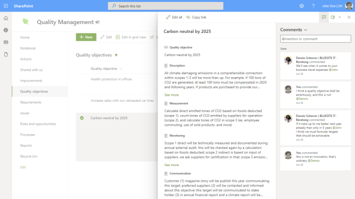 Screenshot of Microsoft Lists in SharePoint Online showing the details of one quality objective with the fields for SMART criteria
