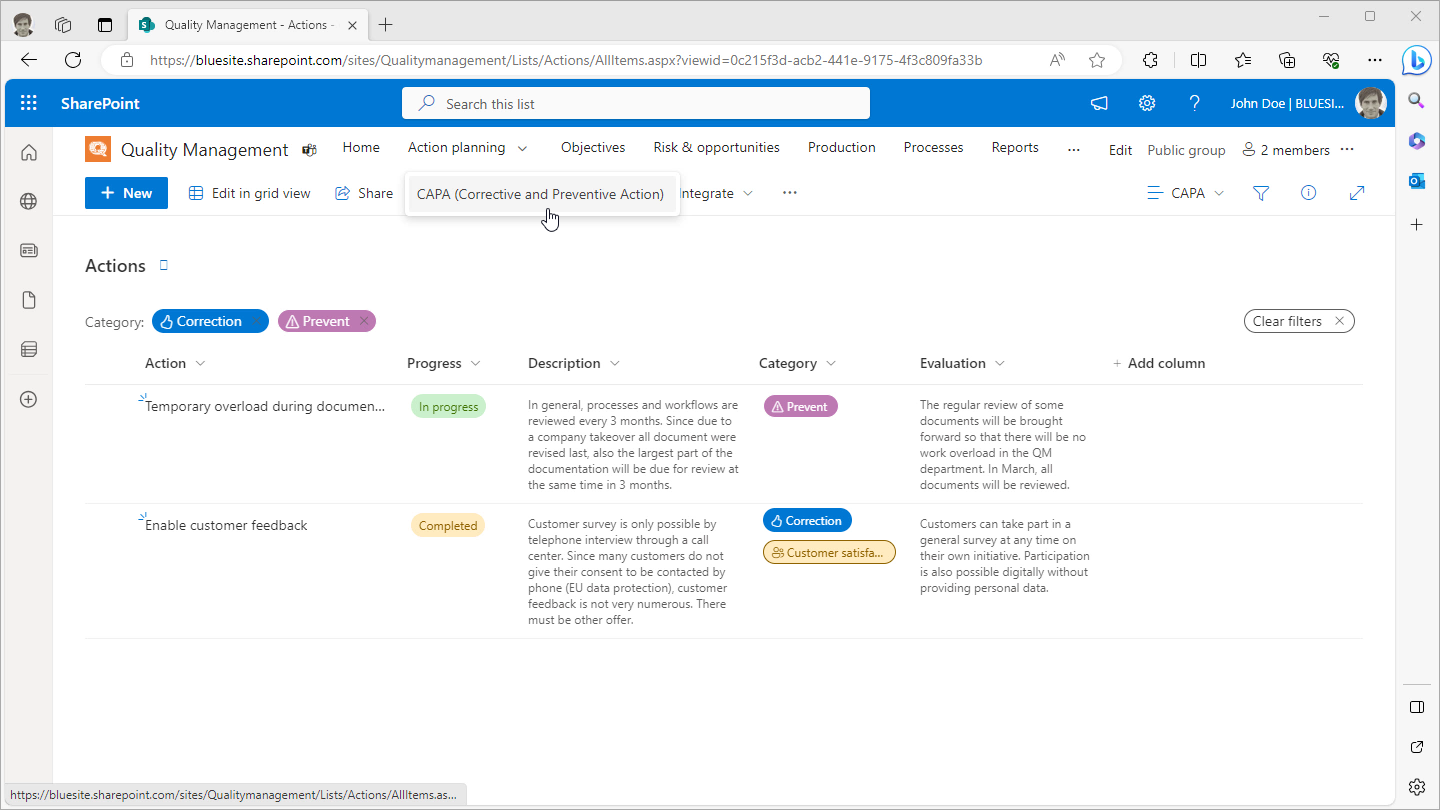Screenshot of Microsoft Lists in SharePoint Online filtered by two categories of quality management actions, corrective action, or preventive action, known as CAPA