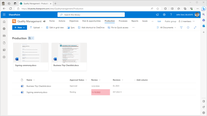 Screenshot of a SharePoint Quality Management Site with a short list of documents where the date in the Review column is in past for one document and therefore highlighted red.